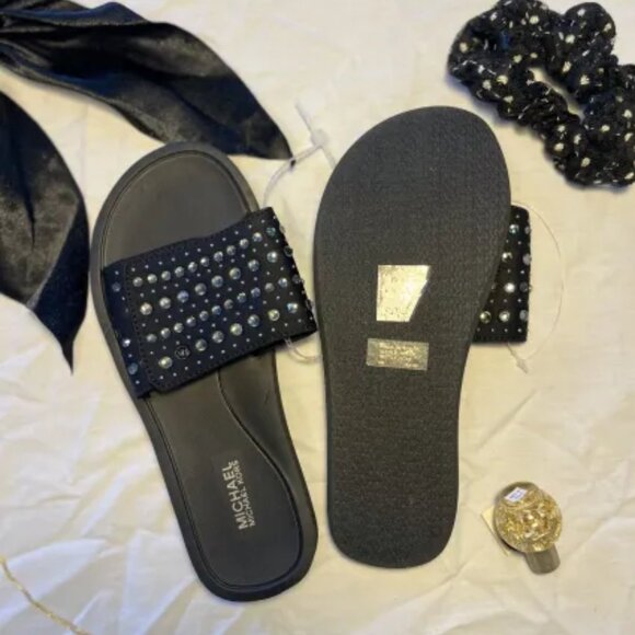 MICHAEL KORS BLACK RHINESTONE SANDALS SCUBA SLIDES NWT - Picture 2 of 2